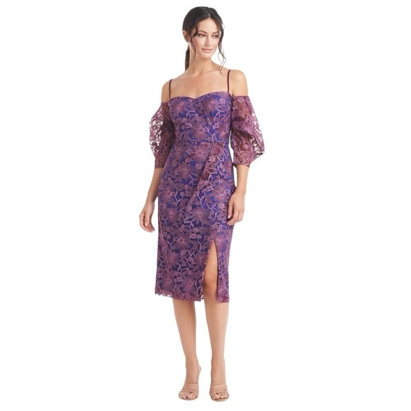 JS Collections Demi Off the Shoulder Mini Dress in Aubergine - Picture 4 of 10